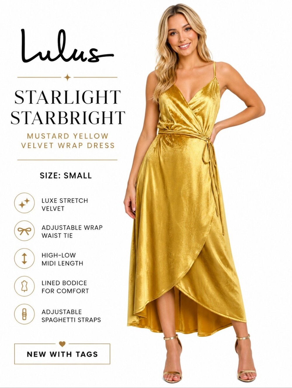 Lulus Starlight Starbright Mustard Yellow Velvet High-Low Wrap Dress Size Small